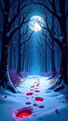 Poster - Snowy Dark Forest with Crimson Footprints Under Moonlight