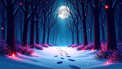 Poster - Enchanted Snowy Forest with Crimson Footprints Under Moonlight