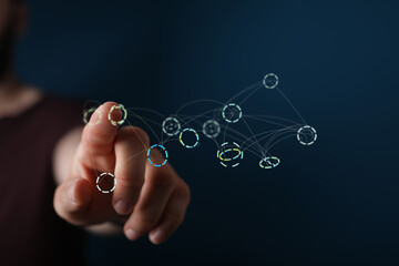 Poster - Hand interacting with a digital network visualization.  Modern technology concept.