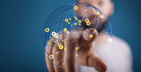 Poster - Abstract image depicting a person interacting with a digital network. Ideal for technology, connection, and global concepts.