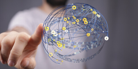 Poster - A person interacts with a 3D sphere representing a global network, data connections and information flow.