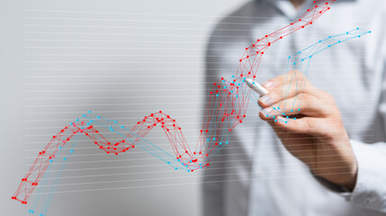 Poster - Stock photo of a person analyzing data, showcasing business growth trends and market analysis.