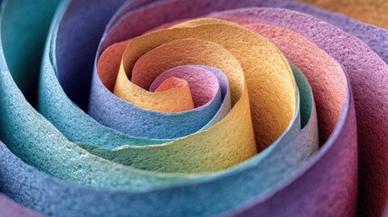 Poster - Close-up of pastel rainbow colored paper arranged in a swirl, creating an abstract, colorful design