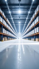 Poster - Snowy Warehouse with Giant Shelves and Single Spotlight Illumination