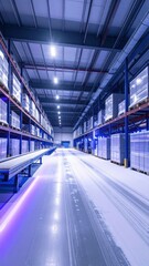 Poster - Snowy Warehouse with Laser Scanners and Conveyor Belts in Bay Area