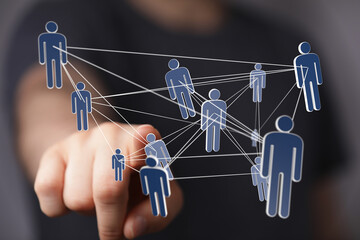 Aufkleber - Image of a hand interacting with a network of interconnected people, symbolizing global connection and teamwork.