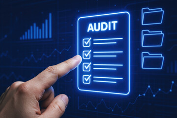 Poster - A digital interface highlights a comprehensive checklist for audit management amid data insights and file organization