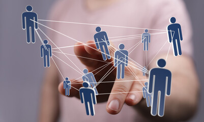 Leinwandbilder - Image of a hand interacting with a digital network of people, representing connection and collaboration.