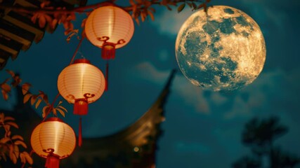 Poster - A beautiful scene with a full moon shining down on some colorful lanterns, perfect for use in decorative or celebratory contexts