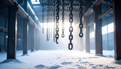 Poster - Snowy Warehouse with Steel Beams and Chains in Misty Backlight
