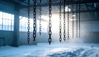 Poster - Snowy Warehouse Interior with Steel Beams and Misty Backlight