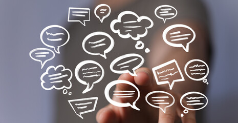 Poster - Abstract image of a hand interacting with digital speech bubbles, representing communication and ideas.