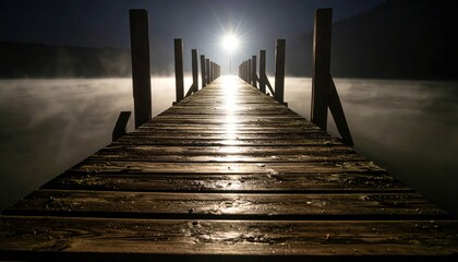 Poster - Serene Dock Under Spotlight with Rippling Water at Night