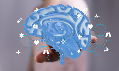 Poster - 3D render of a human brain with medical icons.  Perfect for healthcare, medicine, and technology.