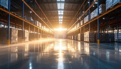 Poster - Misty Dawn Light in a Spacious Warehouse Interior with Soaking Floor
