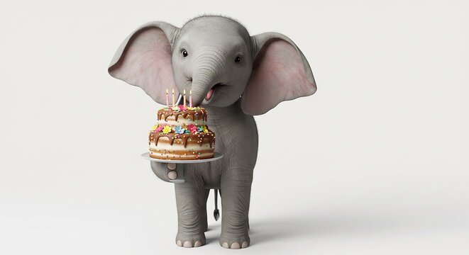 可愛いゾウさん誕生日ケーキ笑顔で食べる. AI Generated