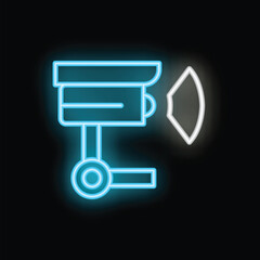 Poster - Blue neon icon of a cctv camera detecting motion with a white detection signal, on a dark background