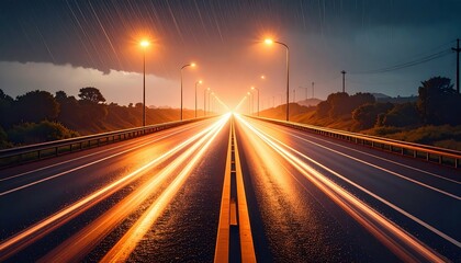 Poster - Splashing Rain on Deserted Highway with Amber Street Lamps