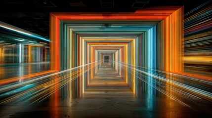 Fototapete - Abstract tunnel of colorful light trails creating an optical illusion on a dark floor, indoor installation