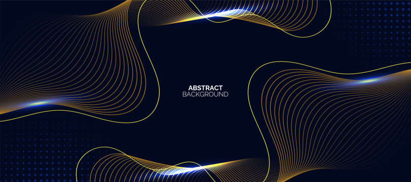 Dark blue luxury background with shining gold line waves. Modern luxury flowing wave lines. Technology concept.