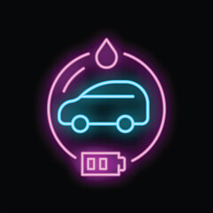 Poster - Neon icon representing an eco friendly car powered by both gas and electricity, symbolizing hybrid vehicles