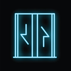 Poster - Neon icon of an elevator with one door opening and the other closing, glowing blue against a dark backdrop