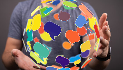 Poster - Person holding colorful speech bubbles, symbolizing global communication and connection.