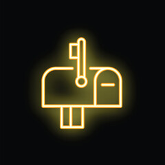 Poster - Simple bright yellow outline of a mailbox with a raised flag glowing on a black background