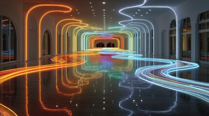 Fototapete - Abstract tunnel of colorful light trails creating an optical illusion on a dark floor, indoor installation
