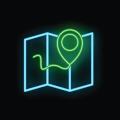 Poster - Bright neon location pin marking a travel destination on a map with a path leading to it