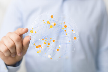 Poster - Abstract image of a person interacting with a digital network. Ideal for technology, connection, and data concepts.