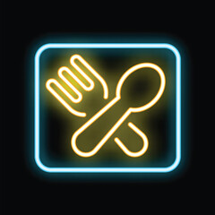 Poster - Glowing neon sign showing crossed fork and spoon is a perfect visual for representing restaurants and dining