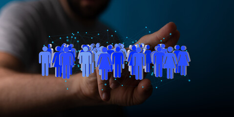 Poster - Image depicts a hand interacting with a network of diverse people, symbolizing global community and connection.