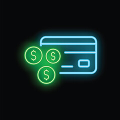 Poster - Glowing neon icon of credit card receiving money transaction with dollar coins