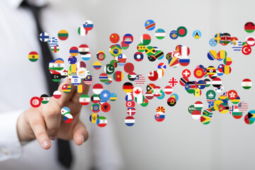 Poster - Image of world flags floating, symbolizing global connection and international business.