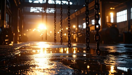 Poster - Atmospheric Steampunk Warehouse with Flickering Lights and Chains