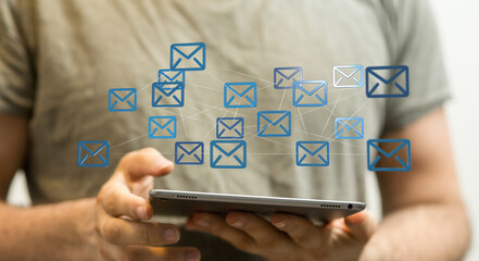 Poster - Person using tablet to manage emails. Efficient communication & digital workflow.