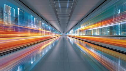Fototapete - Abstract tunnel of colorful light trails creating an optical illusion on a dark floor, indoor installation