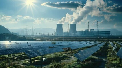 Poster - Solar panels in a field with a power plant in the background, suitable for environmental and renewable energy related concepts