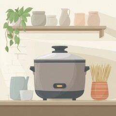 Poster - Kitchen countertop with rice cooker and decorative items.
