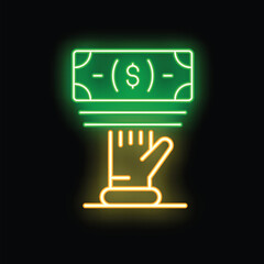 Poster - Neon sign of a hand reaching up for a stack of money, representing concepts such as wealth, greed, and ambition