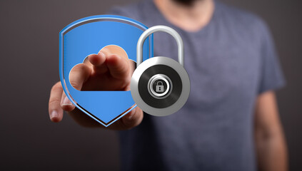 Poster - Image of a hand interacting with a digital shield and padlock, representing secure cloud data.