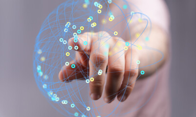 Aufkleber - Abstract image of a hand interacting with a digital network, representing global connections and technology.