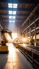 Poster - Futuristic Steampunk Style Warehouse with Robots and Conveyor Belts