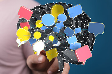 Poster - Abstract image of a brain with colorful speech bubbles, representing communication and ideas.