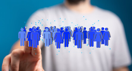 Poster - Stock photo of a hand interacting with a network of diverse people, representing online community and social connection.