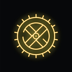 Poster - Glowing neon line round wooden shield icon isolated on black background