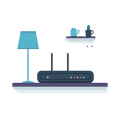 Poster - Interior scene with a lamp and a router on a shelf.