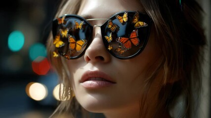 Poster - Close up of woman's face wearing fashionable sunglasses with orange butterflies on dark lenses