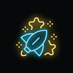 Poster - Blue and yellow neon rocket taking off surrounded by stars, celebrating success and achievement